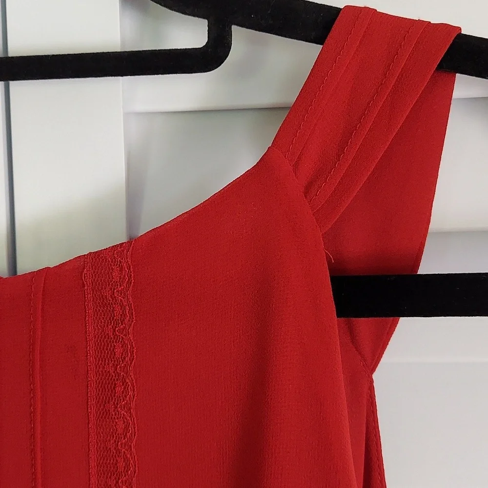 WHBM Top, Sz XL, Sleeveless, Sheer Chiffon Over Tank, Brick‎ Red, Tassels, Lace